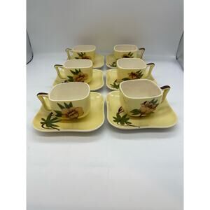 Weil Ware Yellow Rose California 6 Sets of Cups and Saucers Vintage Mid Century